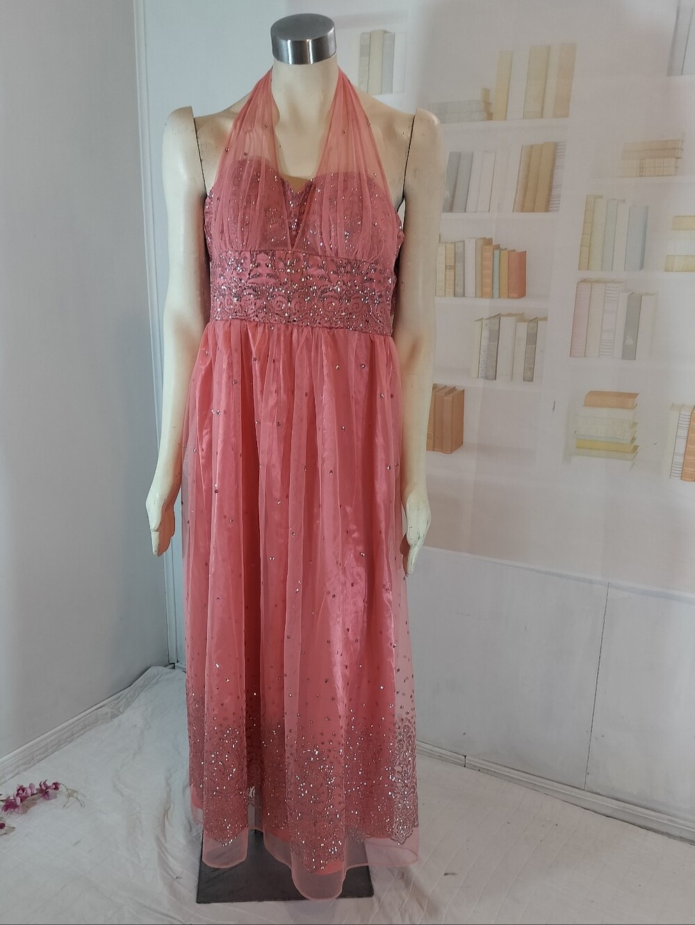 & Other Stories Coral Beaded Halter Maxi Dress